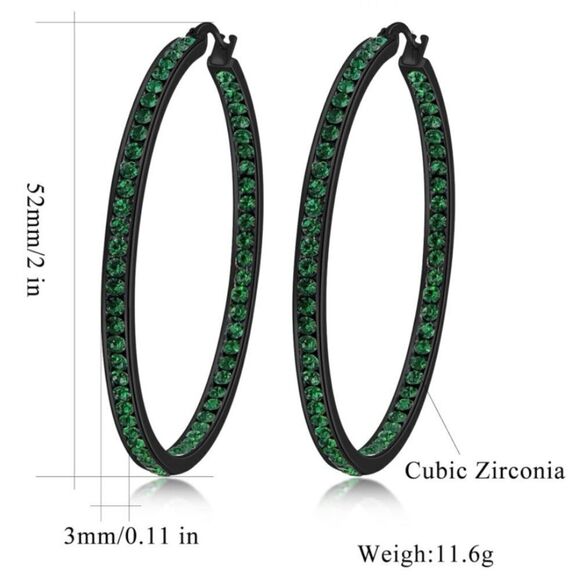 14K Black Gold with Emerald Green Cubic Zirconia Big Hoop Latch Back Earrings - Picture 6 of 6